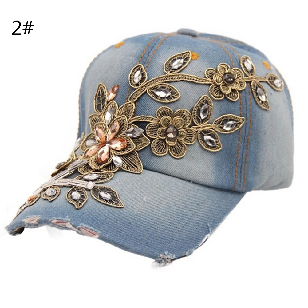Хип-хоп шику Регулируемая Snapback Hat для женщин Полный Кристалл Цветочный деним Бейсбол Кепки