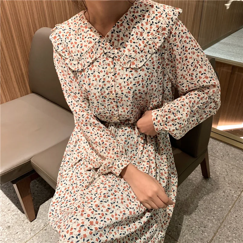 

flowers print peter pan collar long sleeve dress Female 2019 spring summer