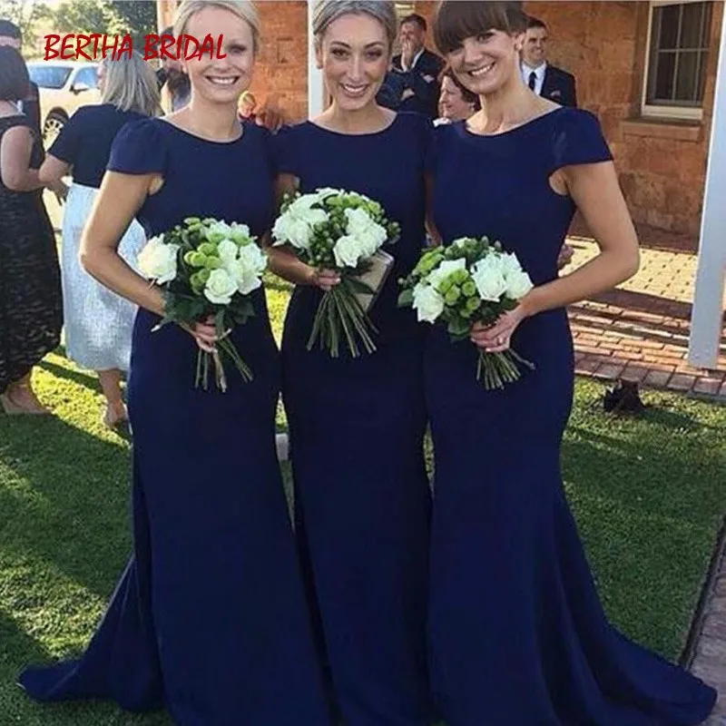 navy blue Изящный, темно-синий вечерние платья для Для женщин без рукавов с круглым вырезом Кепки рукава платье подружки невесты с юбкой-годе Brautjungfernkleid - Цвет: navy blue
