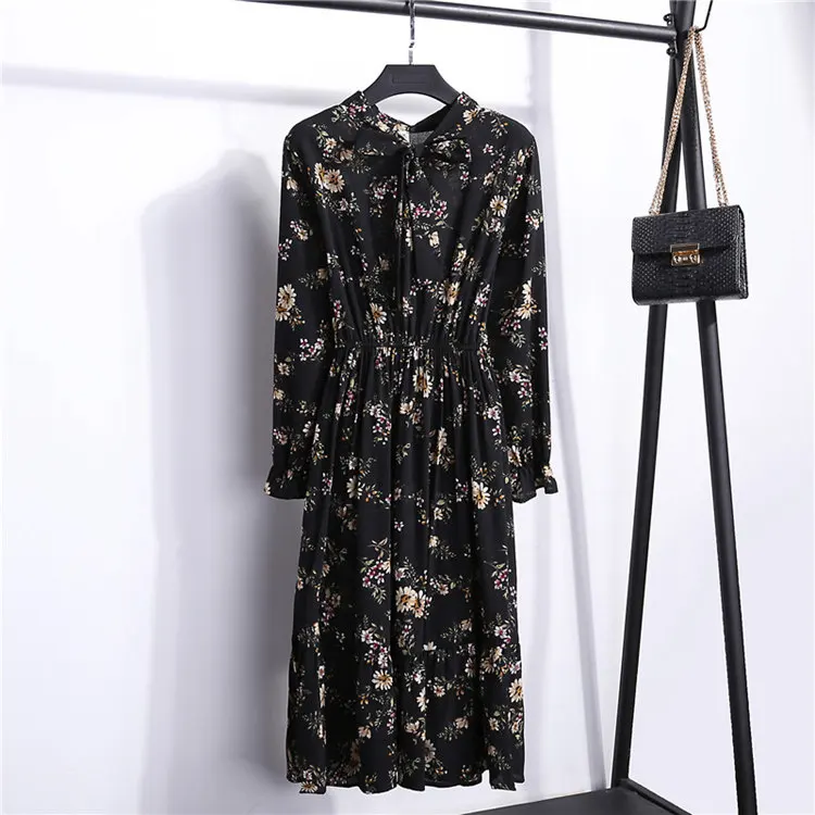24 Types Floral Print Dresses Women Autumn Chiffon Dress Casual Bowknot O-Neck Long Sleeve Vestidos Mujer Retro Robe Femme Dress (41)
