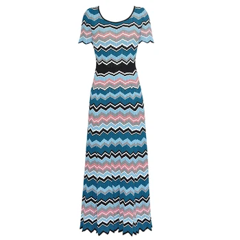 

New Women Multicolor Knitted Cotton Catwalk Dress Fashion O-Neck Long Dresses 5332