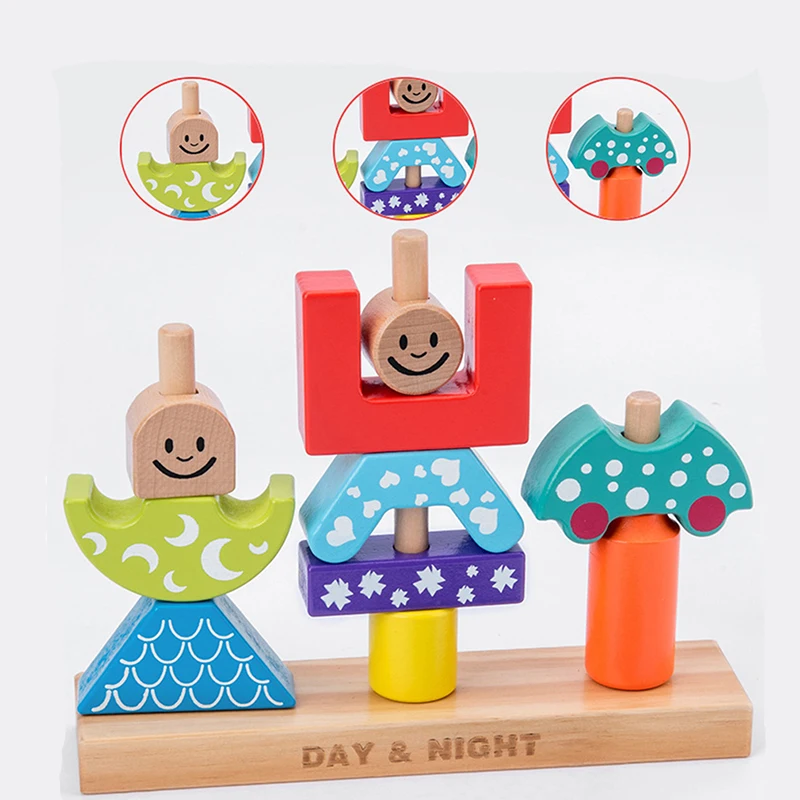 Baby Educational Wooden Toy Sun& Moon Day& Night Pillar Blocks Early Learning Kids Birthday Christmas Gift Hot Sale