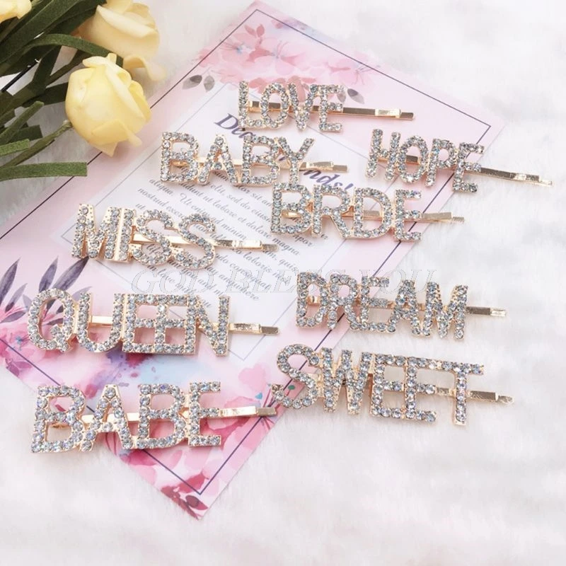 Women Girls Novelty Hollow Out Letters Hair Clip Luxury Shimmer Rhinestone One Word Hairpins Night Club Party Styling Barrettes