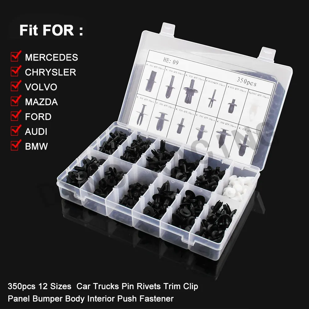 350Pcs/Set Universal Replacement for Cars Panel Trim Plastic Fasteners Rivet Clips Kit with Plastic Storage Case