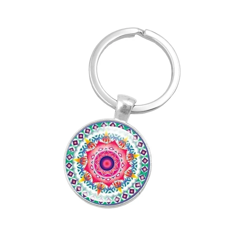 

Fashion Mandala Key Chain Sacred Geometry Keychain Jewelry Art Glass Cabochon Pendant Key Ring for Women Creative Keyring Gifts