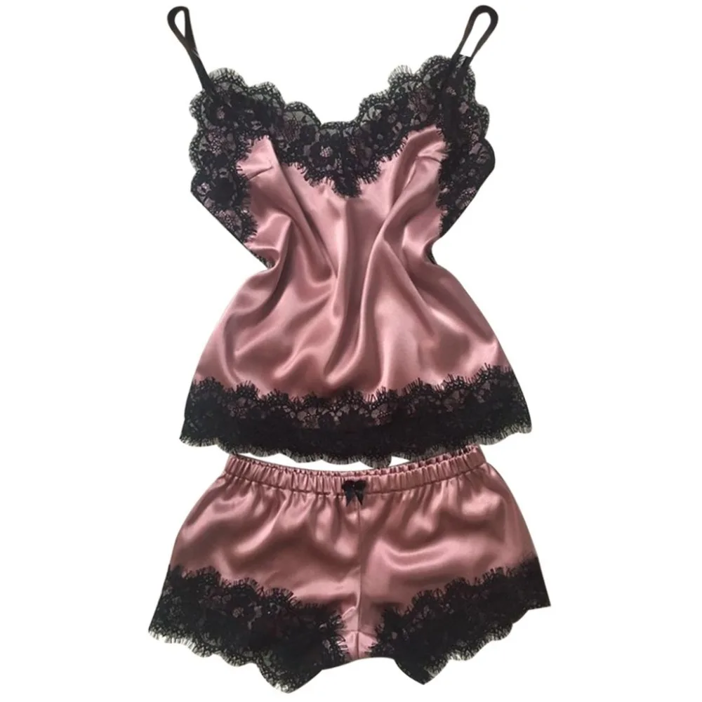 Women's Sleepwear Sexy Satin Set Black Lace V-Neck Pyjamas Sleeveless Cute Cami Top and Shorts pijama mujer algodon veran Women's Sleepwear Sexy Satin Set Black Lace V-Neck Pyjamas Sleeveless Cute Cami Top and Shorts pijama mujer algodon veran