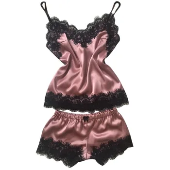 

Women's Sleepwear Sexy Satin Set Black Lace V-Neck Pyjamas Sleeveless Cute Cami Top and Shorts pijama mujer algodon veran