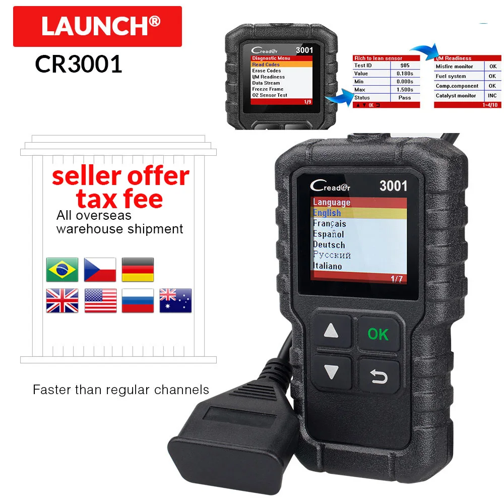 

Launch CR3001 scanner With Full OBDII/EOBD function diagnostic tool Multilanguage ELM327 OBD2 OBD as AL519/AL319/OM123/AD310