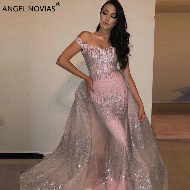ANGEL NOVIAS Lange Mermaid Roze en Zilver Dubai Avondjurk 2018 Arabisch Formele Gowns Dress Party 2018 met Afneembare Rok ANGEL NOVIAS Lange Mermaid Roze en Zilver Dubai Avondjurk 2018 Arabisch Formele Gowns Dress Party 2018 met Afneembare Rok