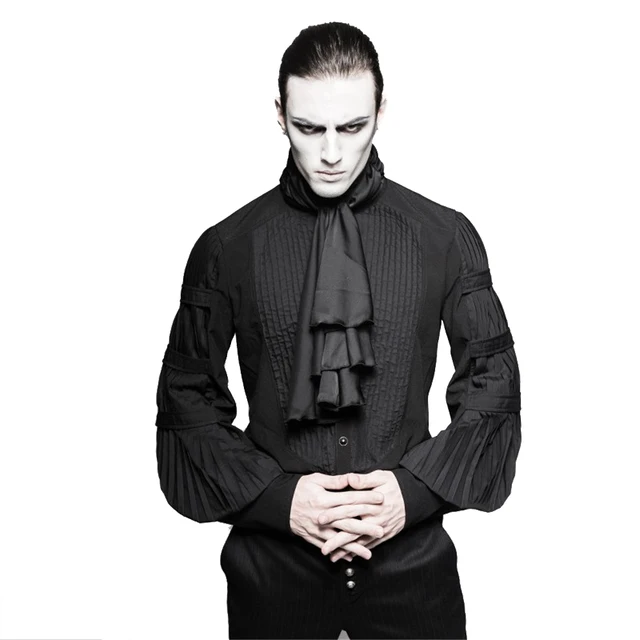 Gothic Steampunk Men Ruffle Blouses Costume Black Silk