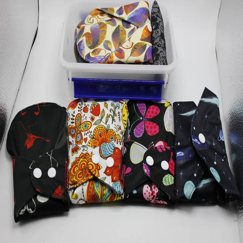 5PCS Charcoal Bamboo Mama Cloth Pads With 1 Storage Box Washable Menstrual Pads Reusable Sanitary Towels