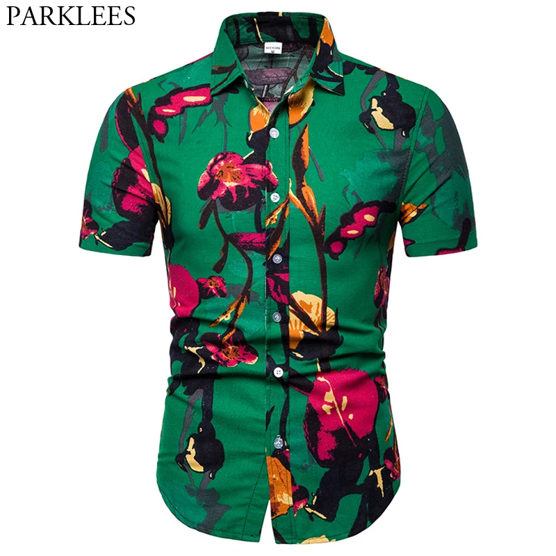 Мужская Летняя мода, короткий рукав, цветочный принт, гавайская пляжная рубашка,, повседневная, тонкая, на пуговицах, тропическая, Алоха, рубашки, сорочка