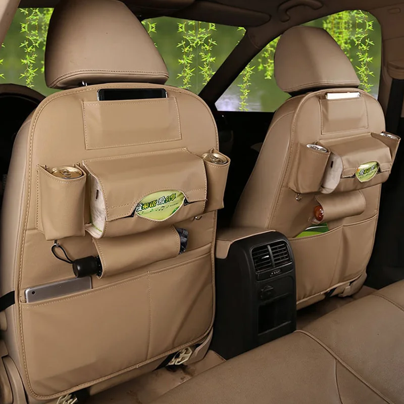2pcs Leather Car Seat Back Folding Portable Storage Bag Multi Use Car