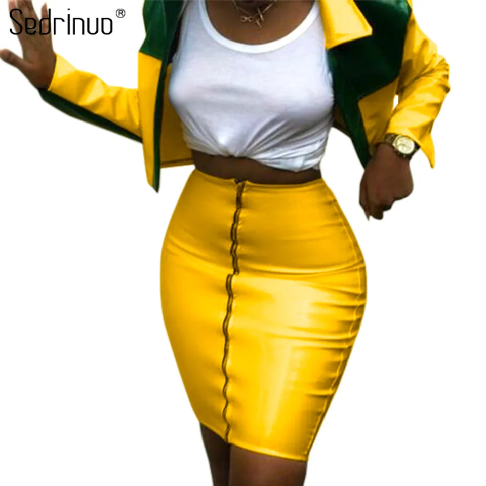 

Sedrinuo Womens Two Piece Sets 2019 PU Leather Tracksuits Crop Tops and Skirt Zipper Front Sexy Long Sleeve Two Piece Outfits