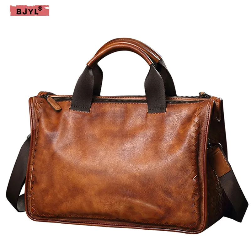 

BJYL Genuine Leather men's bag soft leather woven handbag casual retro 13" Laptop business briefcase shoulder Messenger bag