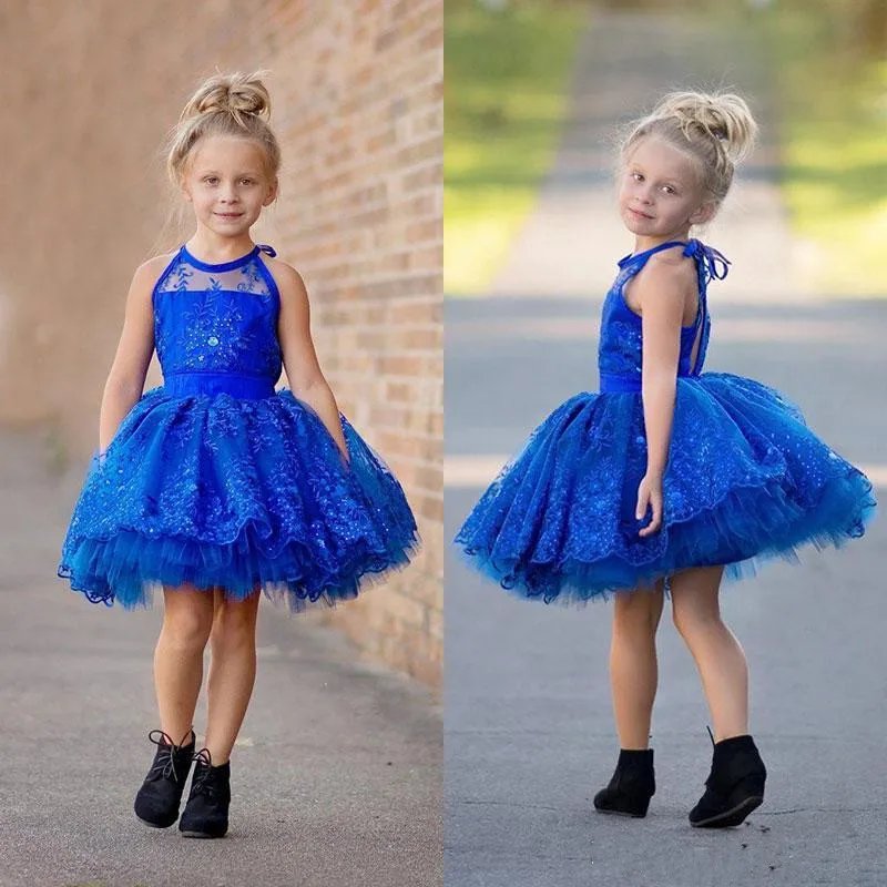 

Knee Length Puffy Princess Dress with Lace Applique Sequin Halter Neck Open Back Blue Flower Girl Dress For Wedding Custom Made