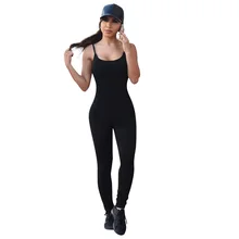 Sexy Solid Color Long Jumpsuit Round Neck Summer Strap Backless Bodycon Pants Backless Sportswear Jumpsuits sexy style round neck long sleeve solid color backless women s dress
