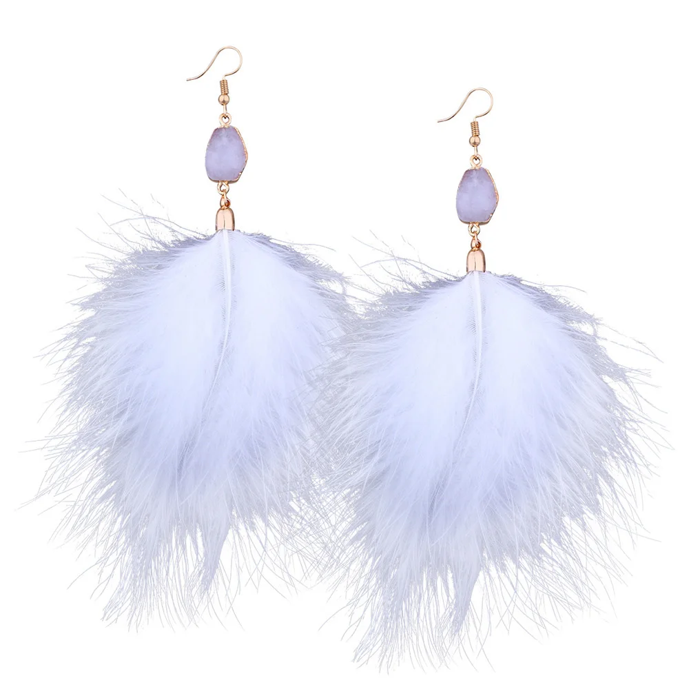 Богемные длинные серьги-кольца с перьями для женщин Преувеличенные пушистые серьги-подвески с перьями Druzy Смола натуральные серьги