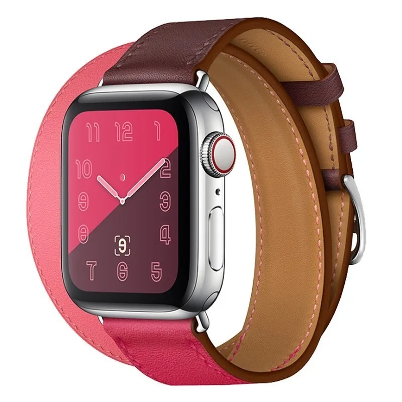 Ремешок из натуральной кожи двойной тур Браслет Кожаный ремешок для часов для Apple Watch 44 мм 40 мм iwatch Series5 4 3 2 38 мм 42 мм женщина - Цвет ремешка: Bordeaux Rose