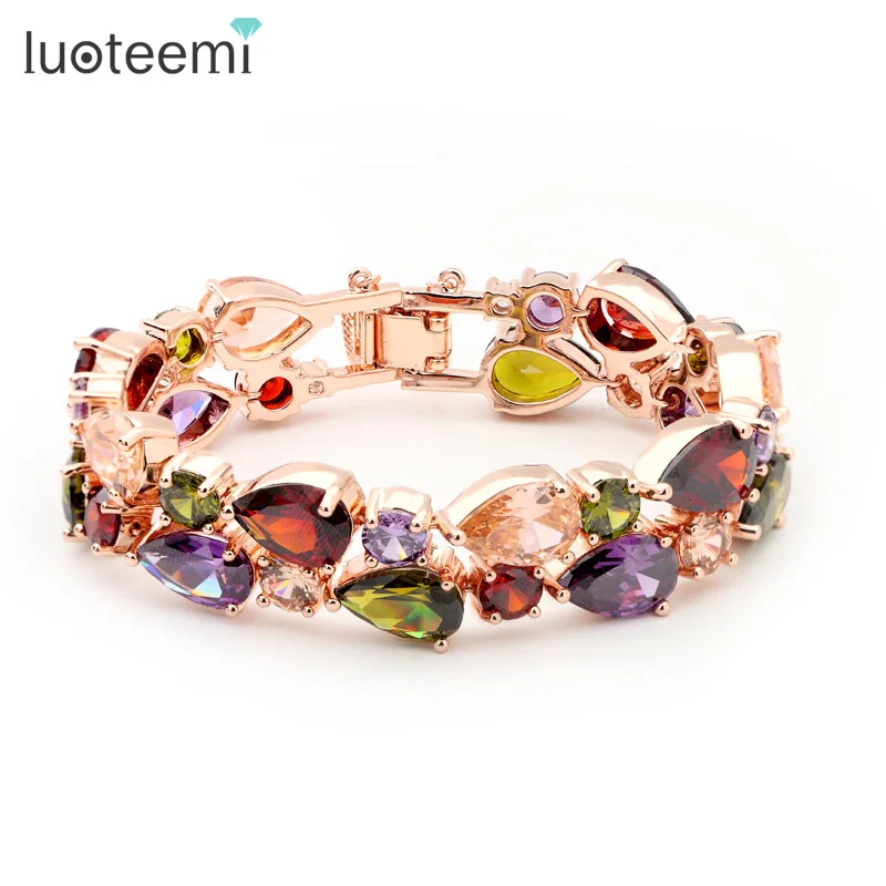 

LUOTEEMI Rose Gold-Color Mona Lisa Multi-Color Crystal Bracelet Bangles for Women Christmas Gift Luxury Bride Jewelry