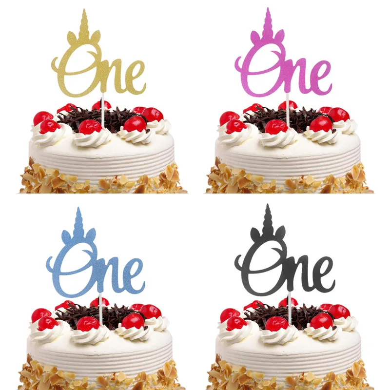 Cake Toppers Glitter unicorn ONE Cupcake Topper Cake Flags Kids Baby 1st Birthday Wedding Bride Party Baby Shower Baking DIY