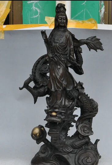 

shitou 002264 26" Chinese Pure Bronze Kwan-Yin GuanYin Buddha Pot Statue Ride Dragon Ball