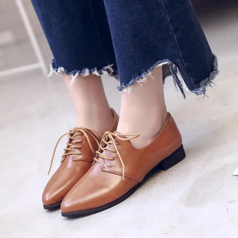 

women big size 41 42 43 New Casual Genuine Leather Flat Shoes Women Non-Slip Oxford Shoes For Women Lace-Up Black Ladies Shoes