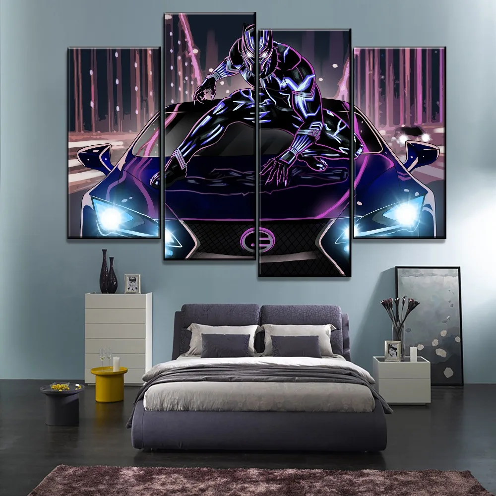 Us 3 77 45 Off 3 Piece Black Panther And Car Neon Artistic Painting Home Decorative Living Room Wall Modern On Canvas Printing Type Artwork In