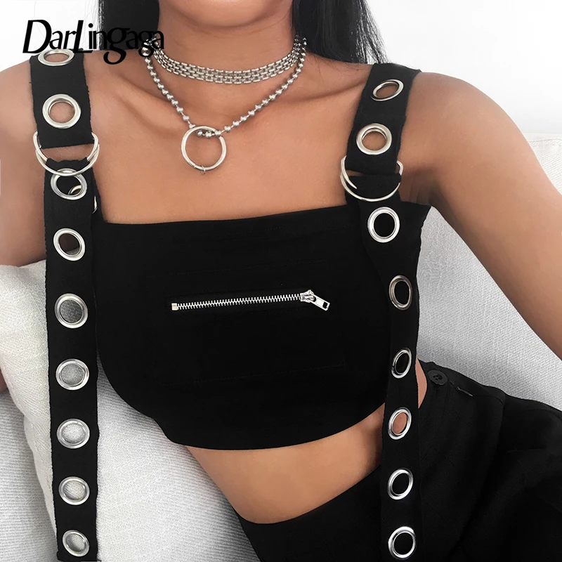 

Darlingaga Streetwear punk black summer top 2019 eyelet strap fashion tank top women cropped vest zipper crop tops bustier short