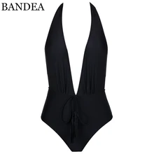 BANDEA Цельный купальник винтажный однотонный черный купальник женский сексуальный глубокий v-образный вырез купальный костюм Пляжная одежда Мягкий Монокини
