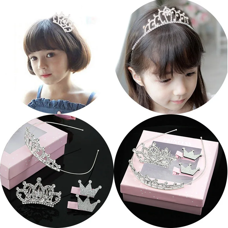 

Korean Children's Crown Headdress Children's Suit Princess Crown Baby Headband Girl cute Rhinestone Hairpin Girl Set