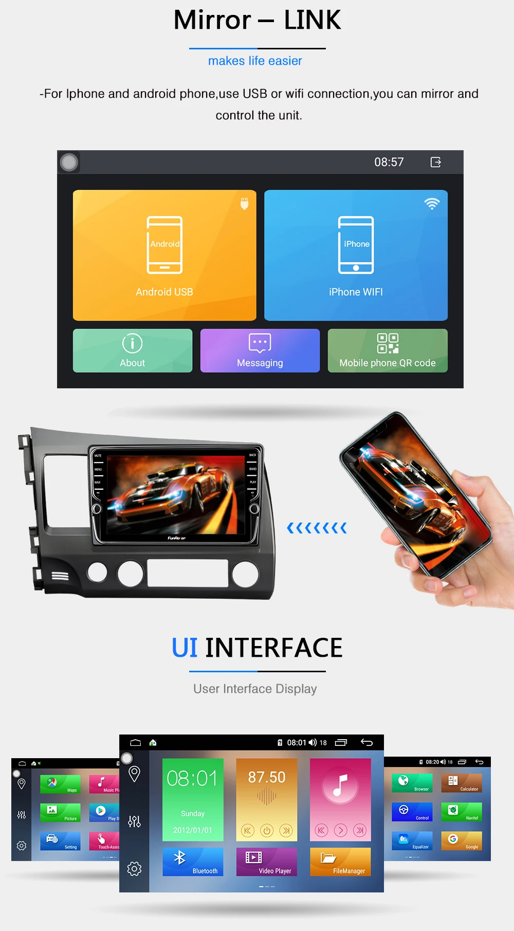 Excellent Funrover 2 din car multimedia dvd player android9.0 gps stereo for Honda Civic 2006-2011 4G+64G navigation tape recorder DSP LTE 21