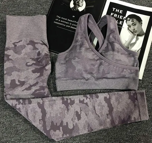 Бесшовный комплект из 2 предметов, штаны для фитнеса, женские леггинсы, камуфляж, женские леггинсы для тренировок, высокая талия, спортивные Леггинсы, спортивный бюстгальтер - Цвет: purple