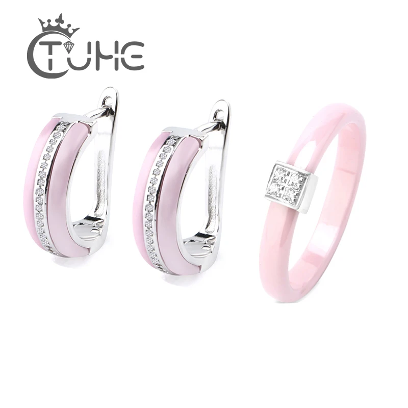 

Romantic Love Crystal Stud Earrings 3mm Rings Women Jewelry Fashion CZ Rhinestone Ceramic Jewelry Earrings Rings Set For Women