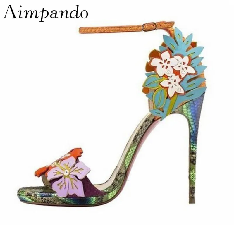 

New Summer Fairy Flower Gladiator Sandals Women Stiletto Heel Green Open Toe Buckle Strap Sandalias De Mujer