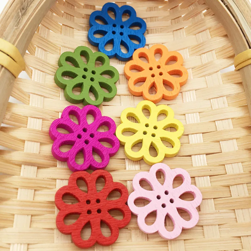 

50pcs/bag Mixed Colors Flower Style Hollow Wood Buttons Sewing DIY Craft 4-Hole Painting Decorative Wood Buttons DIY Accessories
