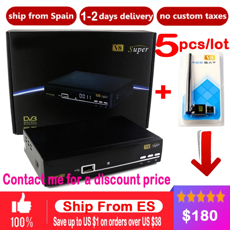 

5pcs Digital TV Satellite Receiver V8 Super DVB Tuner Support Newcamd Clines DVB-S2 HD FTA V8 Receiver +USB WIFI