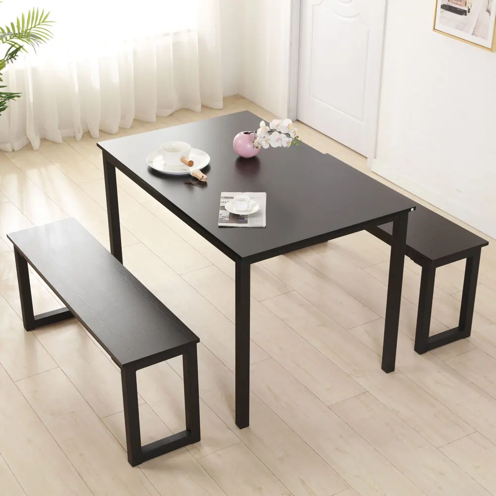 Modern 3 Pieces Wood Dining Table Sets With 2 Benches Black Brown