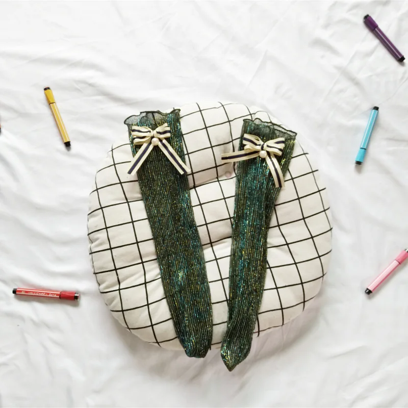 [EIOISAPRA] блестящие носки ручной работы с бантом и жемчугом, золотые, серебряные шелковые женские носки в стиле хараджуку, красивые кучи, Calcetines Mujer - Цвет: Green Socks