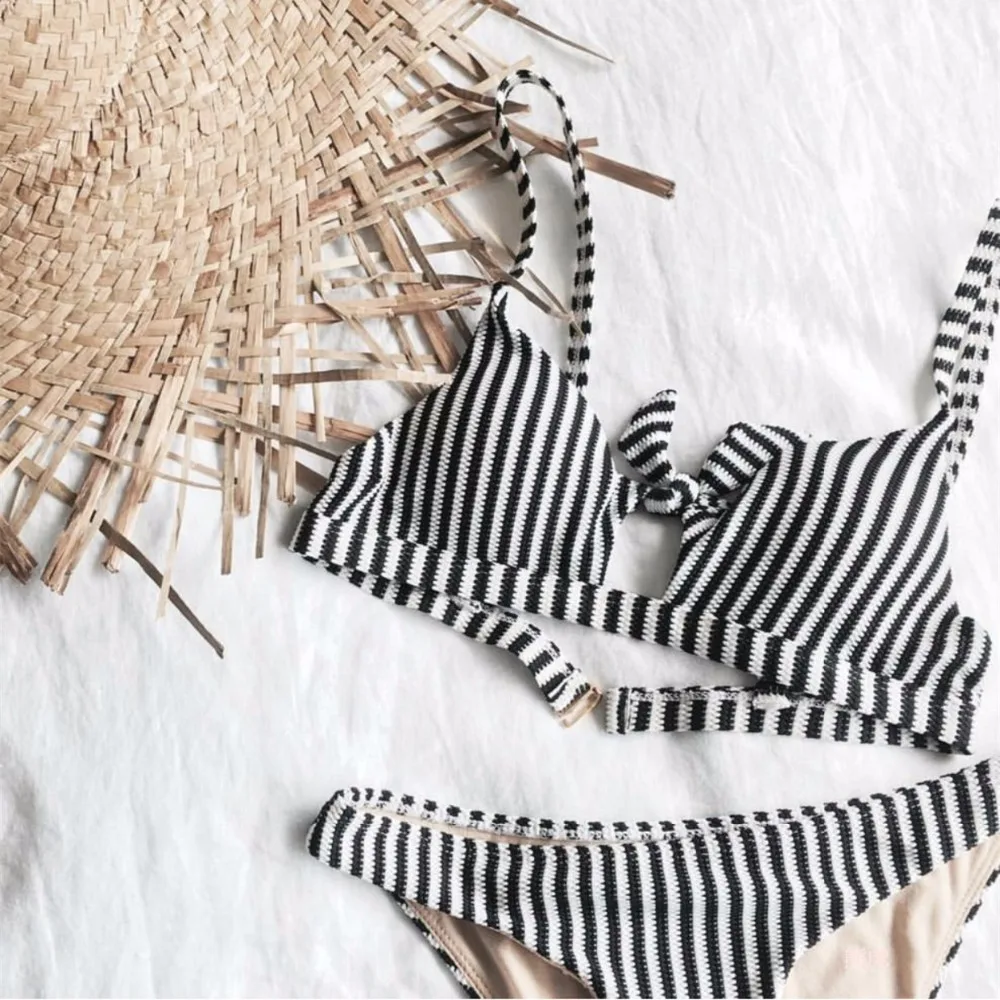 Sexy Push Up Bikini Set Women Swimwear Vertical Stripes Print Bathing Suit Bottom Vintage Swimsuit Strappy Biquinis
