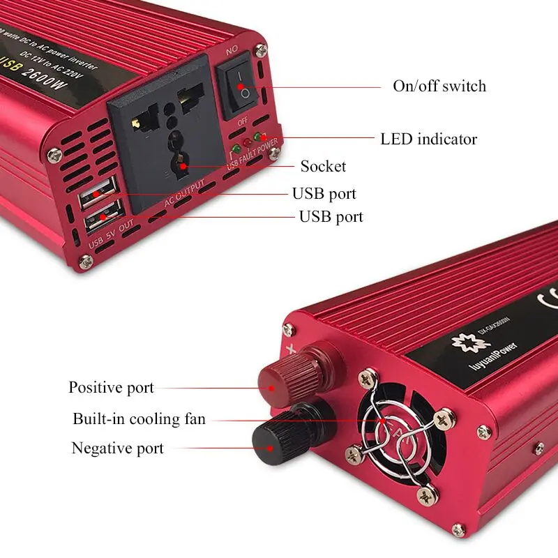 Двойной USB 2600 Вт DC 12 В в AC 220 В портативный автомобильный инвертор зарядное устройство конвертер адаптер DC 12 В AC 220 Модифицированная синусоида