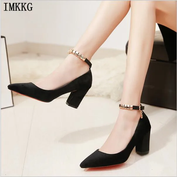 S067 Mujeres Hebilla Primavera Correa Altos Tobillo Tacones Faux Vestido amarillo 2017 Bombas verde Negro Seude Zapatos Metal Mujer rosado Fwq4xcOH6