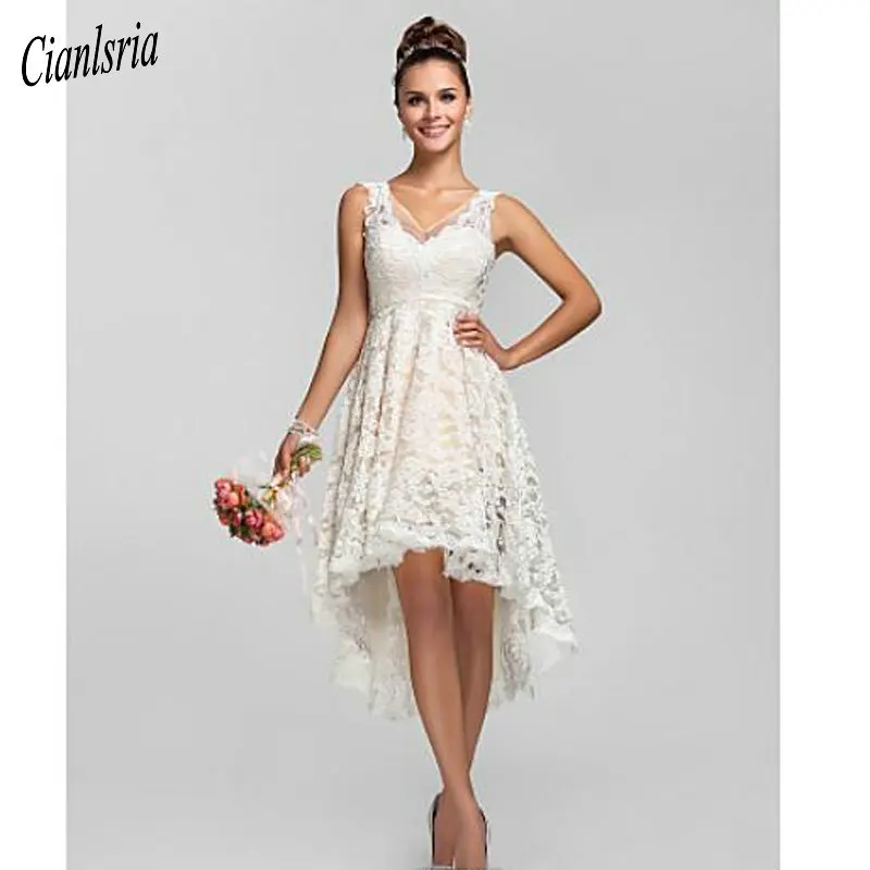 Short Lace Wedding Dresses With V Neck Backless A Line High Low Short Lace Wedding Dresses With V Neck
