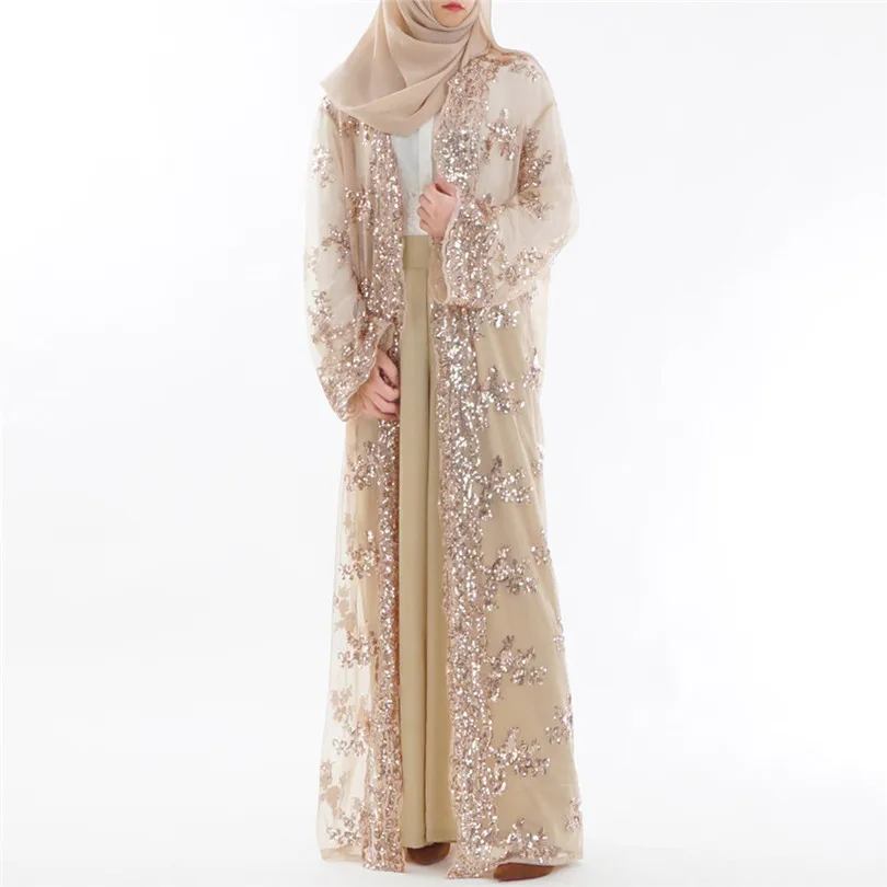New Muslim Women Summer Lace Sequin Cardigan Long Sleeve Maxi Dress Kimono Open Abaya Robe Kaftan Dubai #4F08 (17)