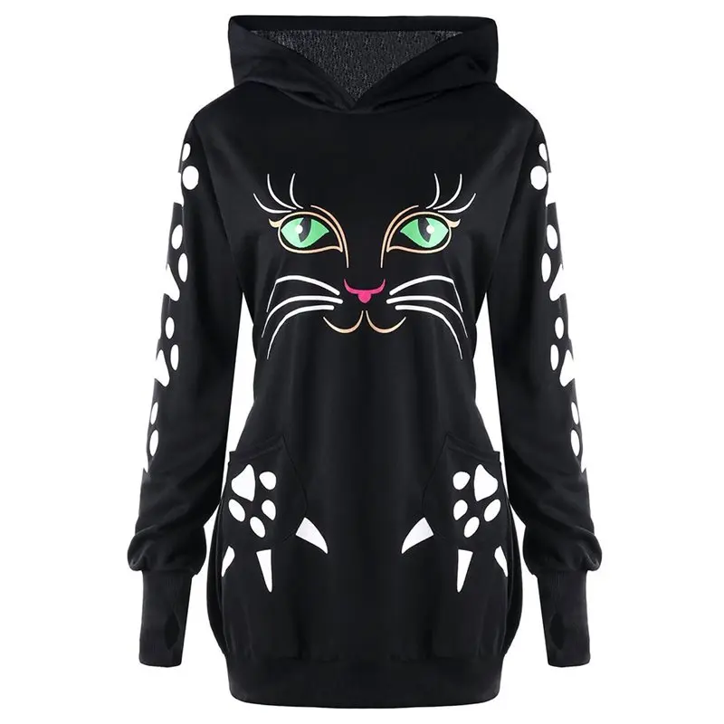  Black Hoodies Women Christmas Cartoon Cat Print Cute Casual Oversize Hoodie Sweatshirt Autumn Loose