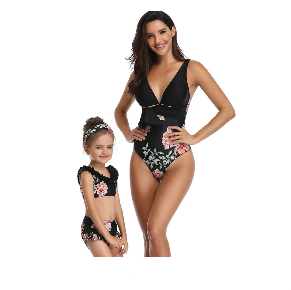 Mother Daughter matching Swimsuits Printing piece double lotus leaf Parent-Child Swimwear Family Matching Swimsuit Outfits