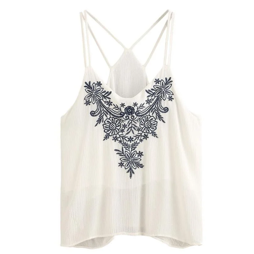Summer Women Sleeveless Flower Embroidered Straps Tank Top Female