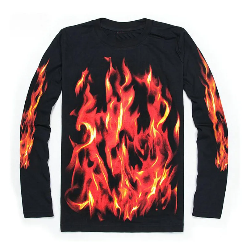 

Fashion Men's 3D Flame Print Long Sleve T Shirts Spring Autumn New Hip Hop T-Shirts For Men Loose Plus Size Tees Black 210