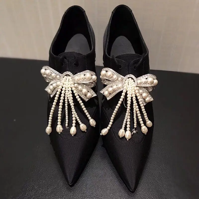 

Spring Women High Heels Sexy Woman Pumps Pearl Decor Butterfly Knot Women Shoes Pointed Toe Stiletto Lace Up Zapatos De Mujer