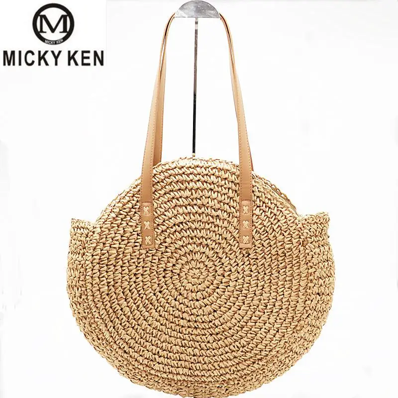 

MICKY KEN Moroccan Palm Basket Bag Women Hand Woven Round Straw Bags Natural Oval Beach Bag Big Tote Circle Handbag Dropshipping